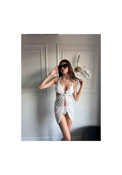 Gugus 3-lü Bikini Takımı / Kalpli Pareo + Alt Bikini + Üst Bikini Beyaz
