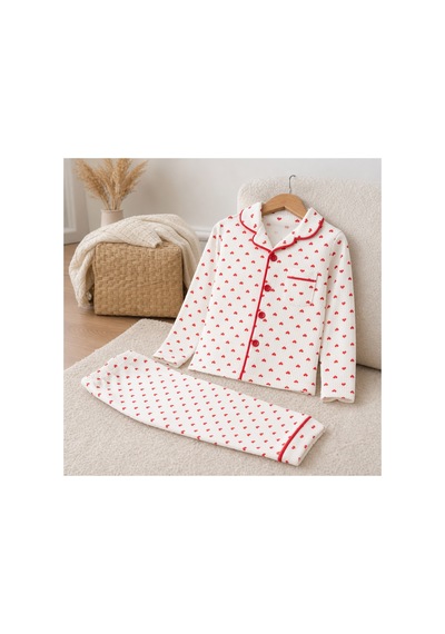 Bebelove Kız Çocuk Kalp Desenli Düğmeli Pijama Takımı Beyaz Beyaz - Kırmızı