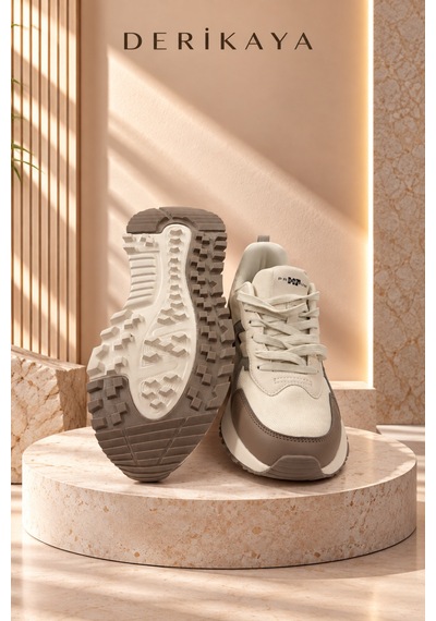 Deri Kaya Erkek Bej Haki Detaylı Bağcıklı Kalın Taban Günlük Sneaker Ayakkabı Bej - Haki