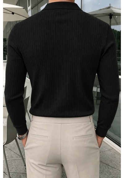 Genius Store Erkek Polo Yaka Kazak Fitilli Anti Pilling Tüylenme Yapmaz Regular Fit Erkek Triko Kazak Pyaka-kzk Siyah