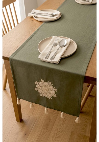 Haki Dantel Motifli Runner 50x130 Cm