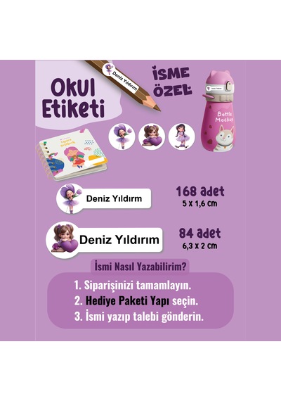 Okul Etiketi Kalem Defter Etiketi Mor Rüyalar Kızı Özel İsim Yazılabilen Etiket - 252adet