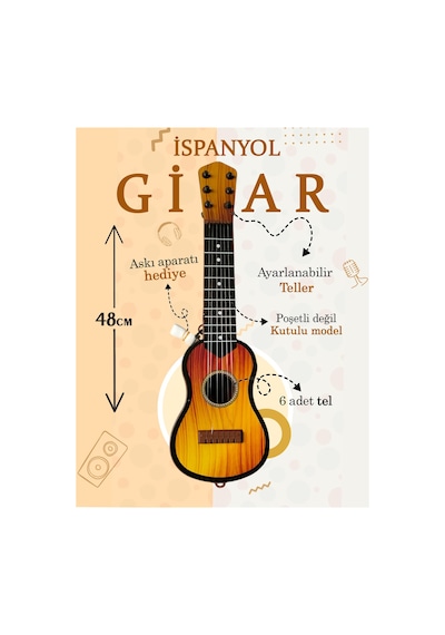 Kahverengi Oyuncak Ispanyol Gitar 6 Telli Akort Edilebilir 48 Cm