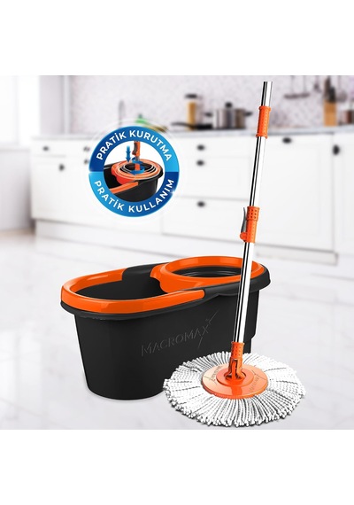 Focus Black Otomatik Temizlik Seti, Pedalsız Döner Sıkmalı 360 Başlıklı Mikrofiber Paspas 3 Paketi