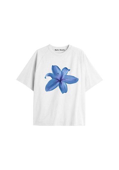 Kalic Studio Kadın Çiçek Özel Baskılı Renkli Oversize Penye Pamuklu Bisiklet Yaka T-shirt Beyaz-17