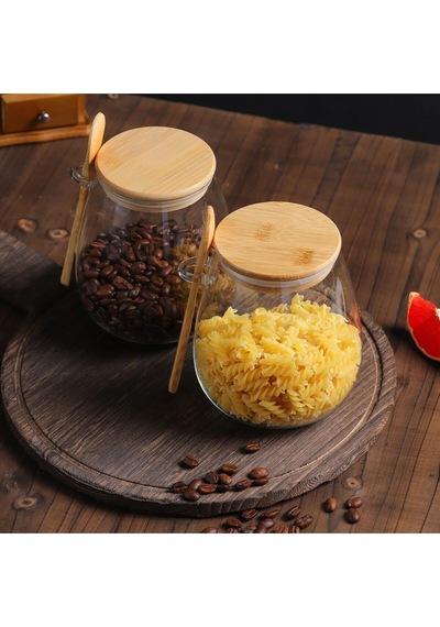Tombul 3lü Borosilikat Cam Bambu Kapaklı Kavanoz Baharatlık Seti 600 Ml Şeffaf