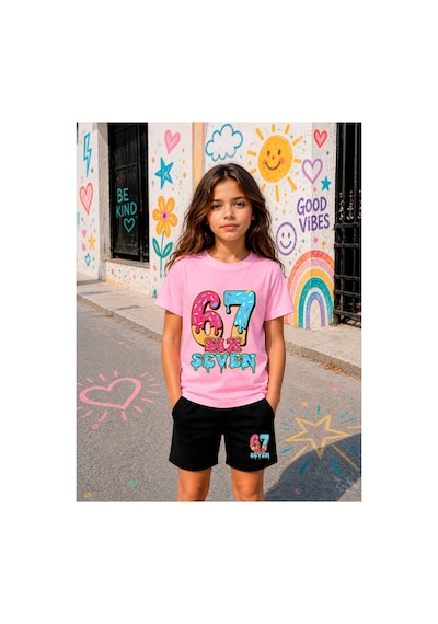 Stil-x Sıx Seven Baskılı Kız Çocuk Şort Takım, Nefes Alan Soft Kumaş Pembe-2