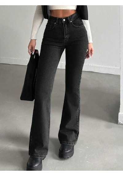 Herton Yüksek Bel İspanyol Paça Jean Pantolon - Eskitme Detaylı Full Pamuklu Flare Denim Mavi