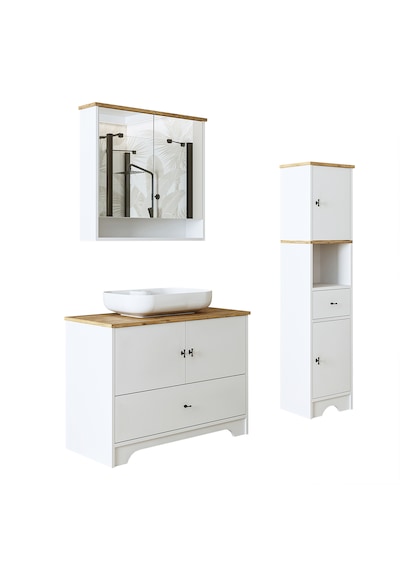 Oval Lavabolu Mat Beyaz Mdf 100 Cm Çekmeceli Banyo Dolabı Aria Atlantik Çam - Beyaz
