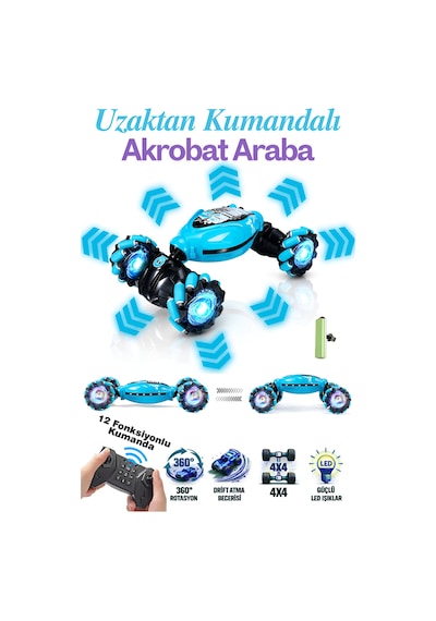 Uzaktan Kumandalı 12 Fonksiyonlu Şarjlı Akrobat Araba Oyuncak 28 Cm. Mavi