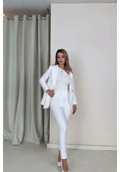 Rabia Çelik Kadın Beyaz Extra Yüksek Bel Dar Paça Pantolon Beyaz Beyaz
