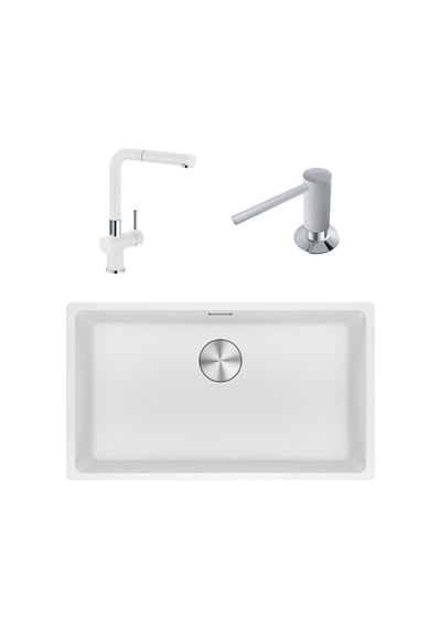 Franke Maris MRG 210/110-72 Bianco Granit Eviye + Actıve Plus Doccia Armatür + Sıvı Sabunluk Üçlü Set