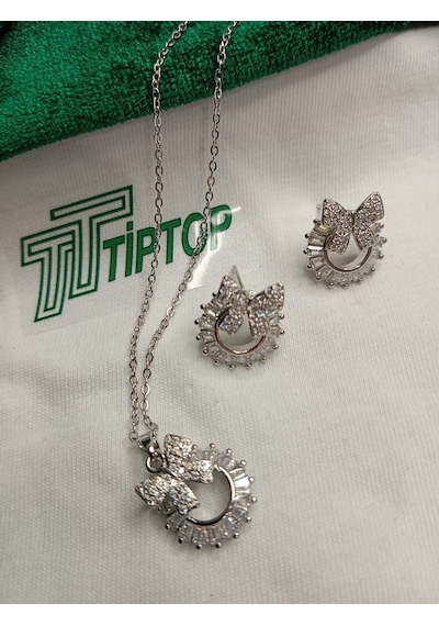 Tiptop/ Gümüş Renk Zirkon Taşlı Baget Fiyonk Model Kolye Ve Küpe Seti Gümüş