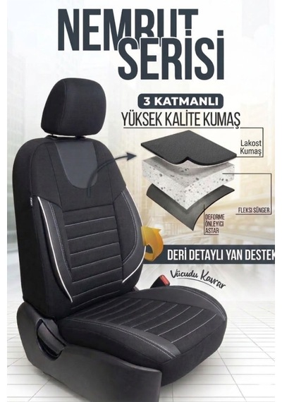 Nemrut Serisi Lakost Kumaş Universal Oto Koltuk Kılıfı Tam Set Siyah-Beyaz