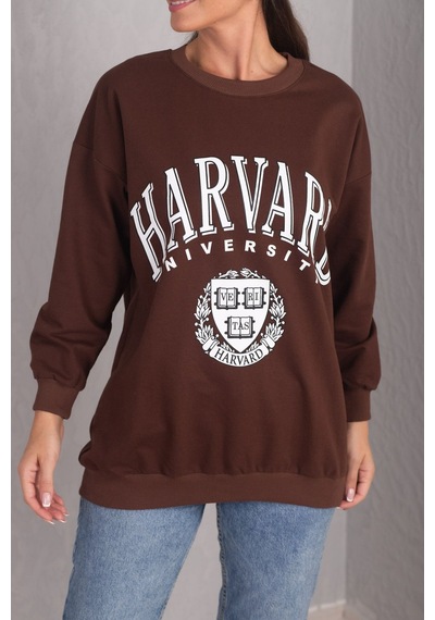 Armonika Kadın Kahve Önü Yazılı Yuvarlak Yaka Oversize Uzun Kol Sweatshirt Arm-24k024005