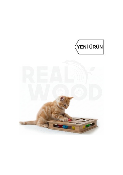 Ahşap Kare Kedi Oyuncağı - 30cm X 30cm - Çıngıraklı Toplu - Yaylı Top Eklenmiştir