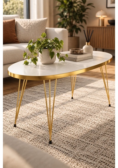 Sulorahome Elips Gold Beyaz Orta Sehpa Beyaz - Altın