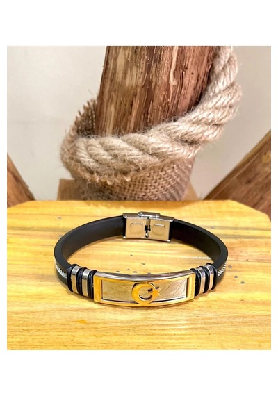 Ay Yıldız Figürlü Silikon Kordon Çelik Mixli Trend Model Erkek Bileklik 22 Cm Altın - Siyah