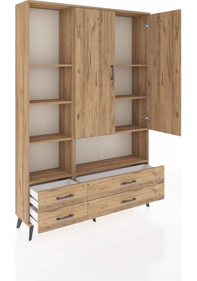 Arges Dolap 8 Raflı 4 Çekmeceli 2 Kapaklı 132x30x195 Çam-çam/çam Çam