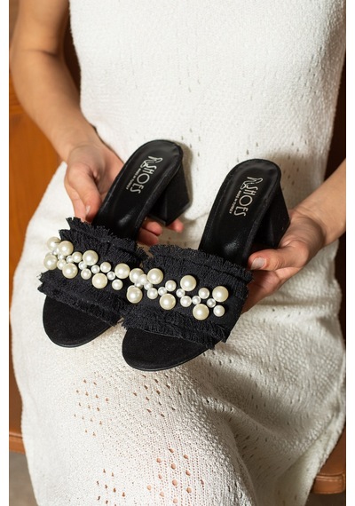 Dabab Shoes Nubıa Kadın İnci Detaylı Hasır Topuklu Siyah Terlik Sandalet