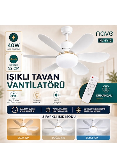 Nave Nv-tv10 Işıklı Tavan Vantılatoru 6 Kanat Beyaz