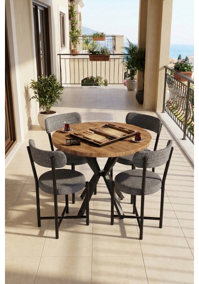 Mutfak Masası 4 Sandalyeli Set 90 Çap Yuvarlak Cafe Balkon Ofis Masa Yemek Takımı Teddy 9861 Antrast Gri