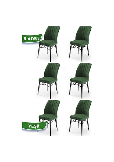 Canisa Flex Serisi, Üst Kalite Yemek Odası Sandalyesi, 6 Adet Yeşil Sandalye, Gürgen Siyah Ahşap Ayak Sandalye Haki Yeşil Ayaklar Siyah