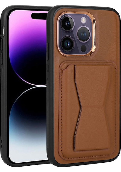 Goocamp Apple iPhone 14 Pro Max Uyumlu Kartlıklı Standlı Pu Deri Memo Kılıf-kahverengi Kahverengi