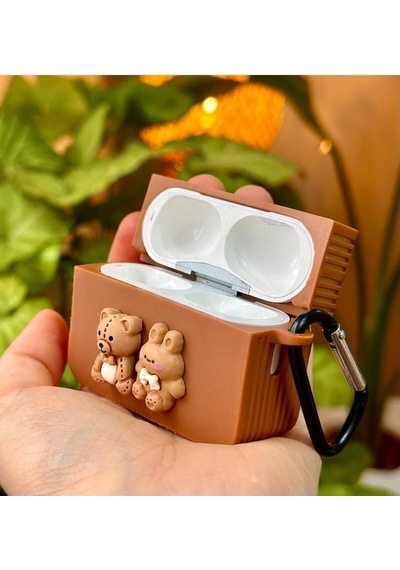 Airpods Pro - Airpods Pro2 İle Uyumlu Ayıcık Tasarımlı Kalın Silikon Kılıf - Kahve