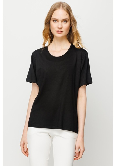 Kadın Sıfır Yaka Basic Penye T-shirt Siyah SIYAH
