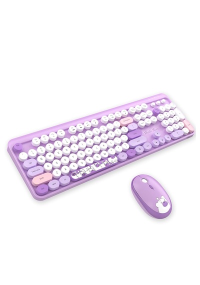 Geezer Hello Bear Kablosuz Klavye Mouse Seti 2.4g Sevimli Ayıcık Desenli Yuvarlak Tuşlu 104 Tuş Renkli Set Optik