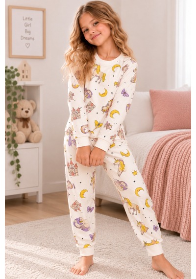 Free Beka Desenli Bisiklet Yaka %100 Pamuklu İnterlok Kumaş Kız Çocuk Uzun Kollu Pijama Takımı Ekru Free Beka Desenli Bisiklet Yaka %100 Pamuklu İnterlok Kumaş Kız Çocuk Uzun Kollu Pijama Takımı Ekru