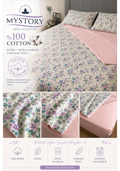 %100 Pamuk Çift Kişilik Nevresim Takımı Spring Bloom Pudra Yeşil Pudra Lila