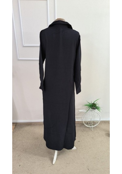 Efnaz Style Kadın Uzun Kollu Yakalı Önden Düğmeli Geniş Kesim Detaylı Uzun Elbise Siyah