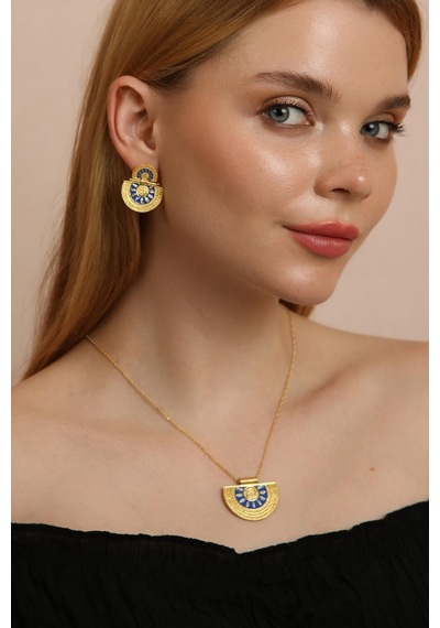 Madam Matmazel Otantik Model Gümüş Kadın Takı Set, Tamamı 925 Ayar, Küpe,kolye, Mavi Mineli Altın