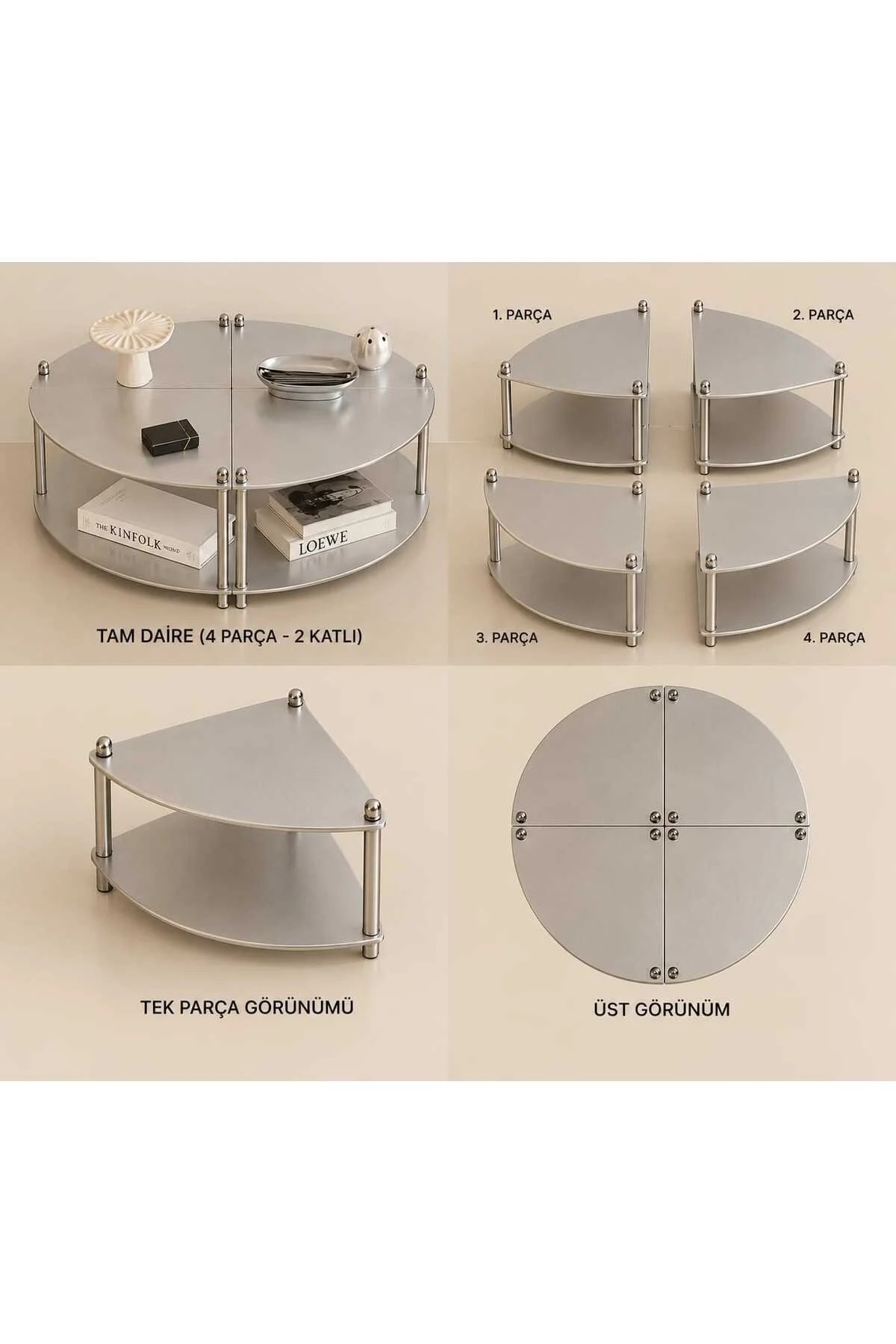 Modüler Krom Orta Sehpa Ve Raf Sistemi - 4 Parça Set 90 Cm Gri