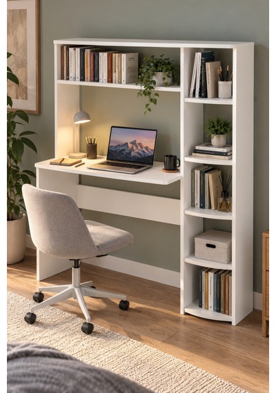 Sulorahome Kitaplıklı Çalışma Masası Beyaz