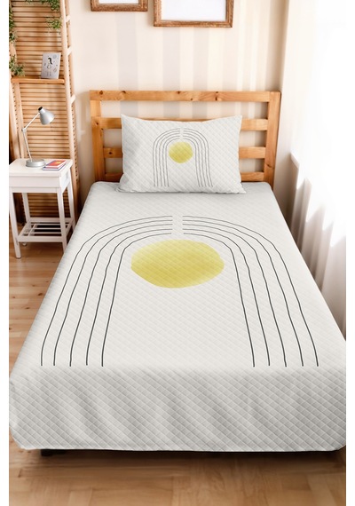 Minimal Gökkuşağı Sarı Genç Odası Tek Kişilik Pike Takımı - Gri 160x220 Cm Kapitone Yatak Örtüsü Kremamsı Halı Kabuğu