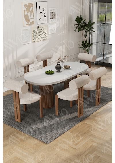 Avvio Bohem Ayak 6'lı Metal Pofi Demonte Sandalye 80x160 Masa Sandalye Takımı Beyaz Masa Sandalye Kumaşı Krem Avvio Bohem Ayak 6'lı Metal Pofi Demonte Sandalye 80x160 Masa Sandalye Takımı Beyaz Masa Sandalye Kumaşı Krem