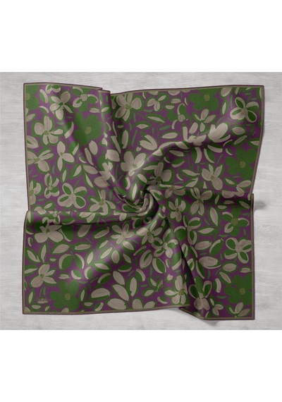 Silk Home Twill İpek Eşarp Erguvan Yeşil Vizon Papatya Desenli Tok Duruşlu 90x90 Çok Renkli