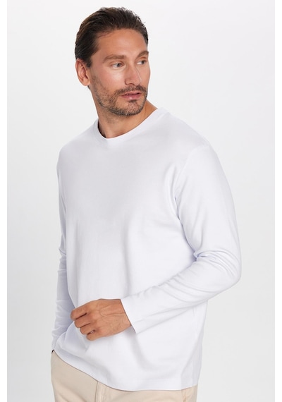 Tudors Unisex Relax Fit Rahat Kesim %100 Pamuk Uzun Kollu Bisiklet Yaka Beyaz Basic Tişört-32653 Beyaz
