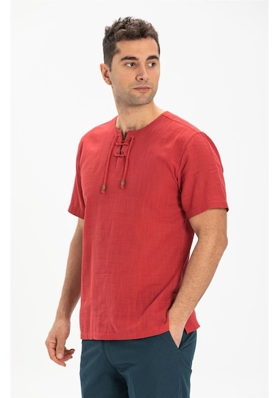 Kısa Kol Şile Bezi Zımbalı Erkek Tshirt Kırmızı 3051