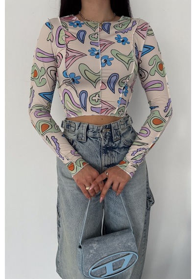Femelle Kadın Desenli Crop Bluz Krem