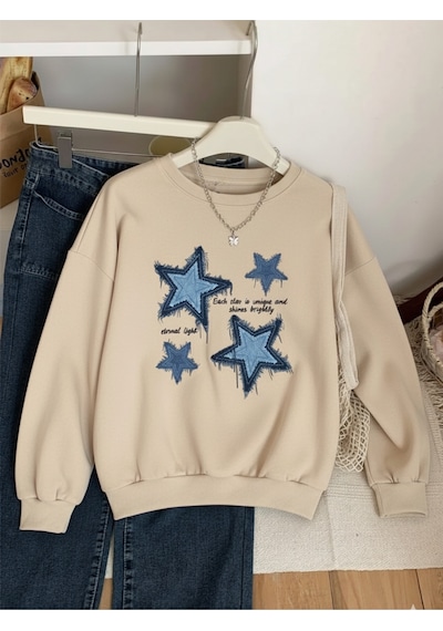 Uyguntarz Unisex Eternal Light Baskılı Tasarım Oversize Bisiklet Yaka Sweatshirt Bej