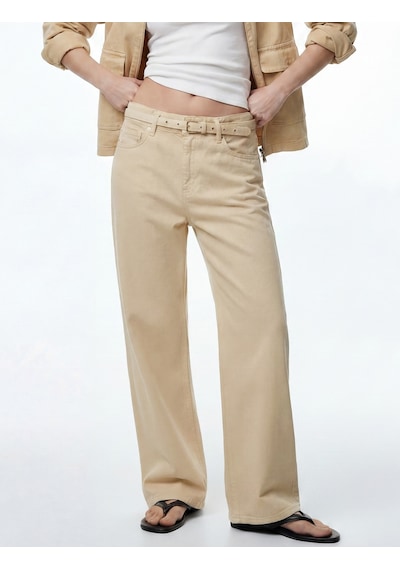 Koton Pamuklu Yüksek Bel Kemerli Geniş Paça Pantolon - Wide Leg Jeans Ekru 6sal40060mw