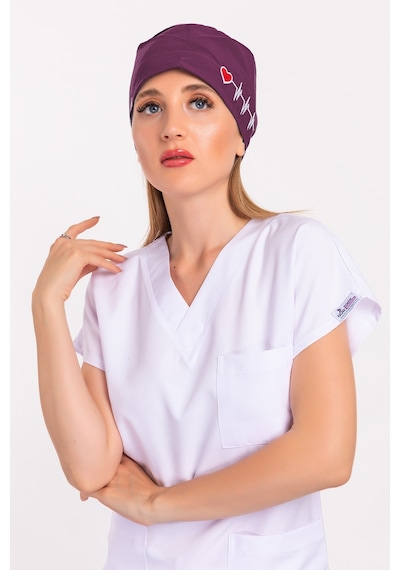 Unisex Mürdüm Kalp Ritim Nakışlı Doktor Hemşire Hastane Medikal Cerrahi Bonesi Mürdüm