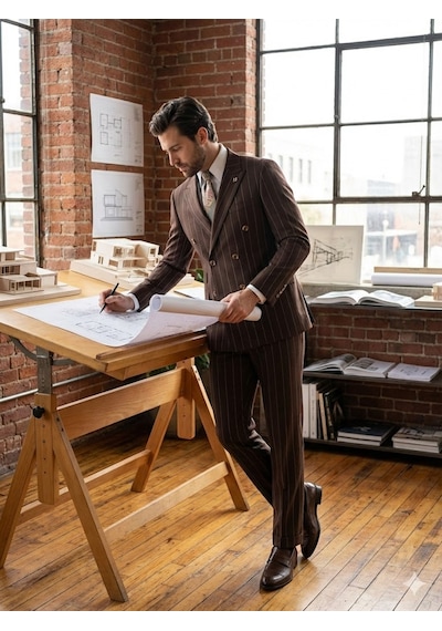 Hermose Sartorial Kahverengi Çizgili Kruvaze Takım Elbise
