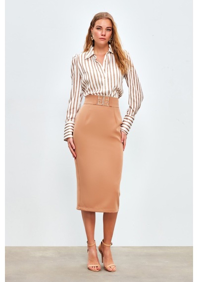 Sateen Aksesuar Detaylı Kalem Etek - Camel