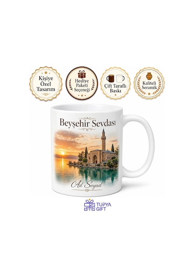 Beyşehir Gölü Ve Eşrefoğlu Cami Hatıra Kupa Bardak Hediye Porselen Beyaz / Çok Renkli