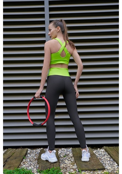 Lismina Beli Çapraz Tasarımlı Toparlayıcı Spor Tayt Neon Sarı - Siyah